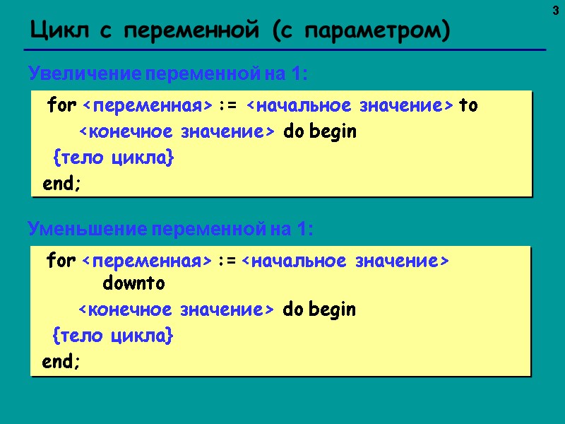 3 Цикл с переменной (c параметром)  for <переменная> := <начальное значение> to 